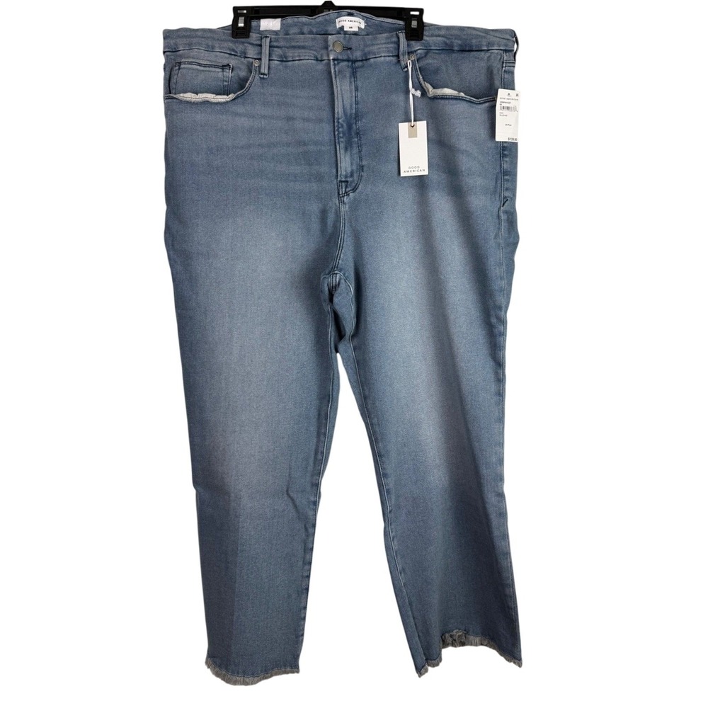 Good American Good Legs Straight Jeans Blue 26 Plus Distressed Raw Hem Stretch
